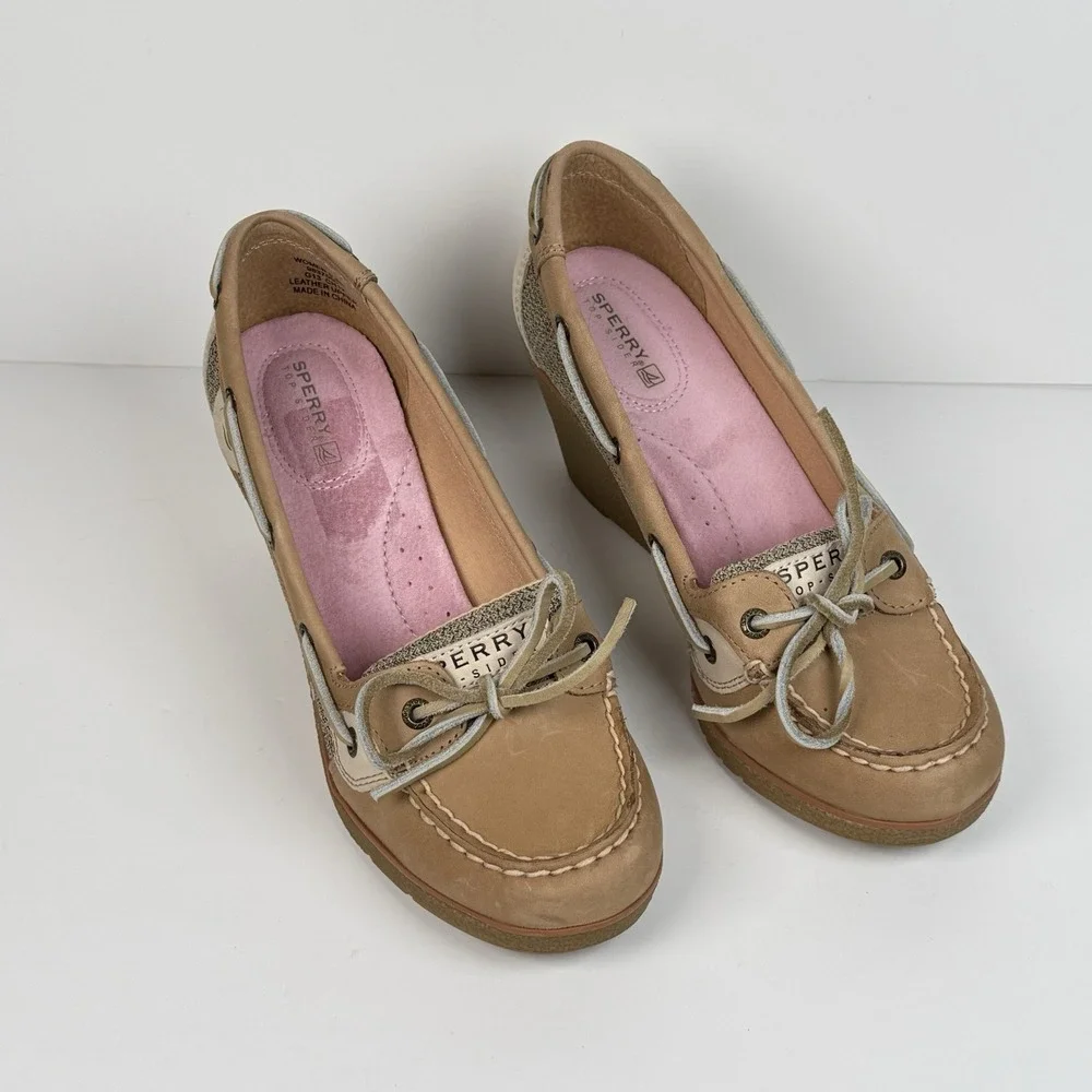 Sperry Top Sider Wedge Heel Boat Shoes Tan Leather Slip On Women 8M Yacht Beach